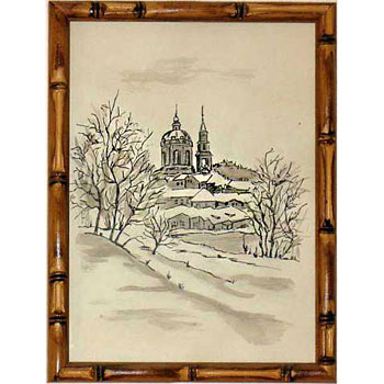 Zima v Praze - rok 2006, tuš na papíře 15 x 20 cm