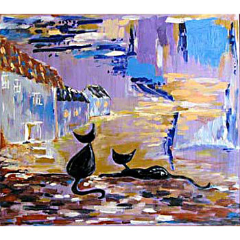 Dvě černé kočky - rok 2008, akryl na překližce, 30 x 40 cm